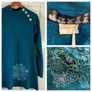 Teal‎ Boho Nepal Tunic Top XL Long Sleeve Embroidered Button Neck Casual Comfy